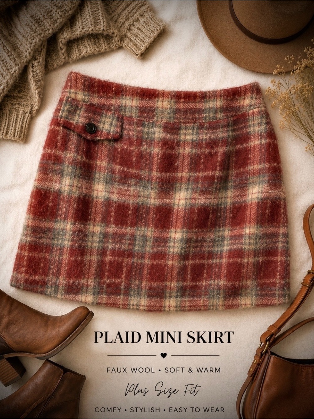Plaid, Mini Skirt - acrylic wool blend-Red and Gray - plus size 2X